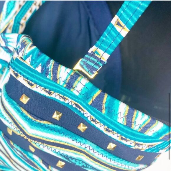 Jessica Simpson One-piece Swimsuit Teal and Navy with Gold Studs - Picture 8 of 16